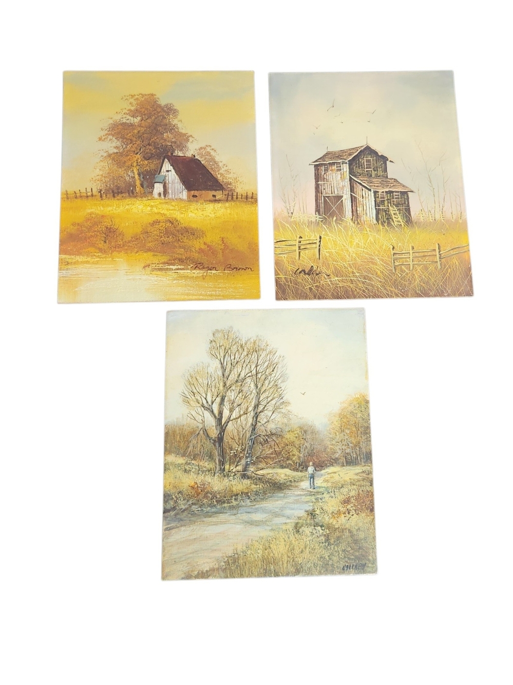 Set of Three Primitive Country Farmhouse Art Paintings